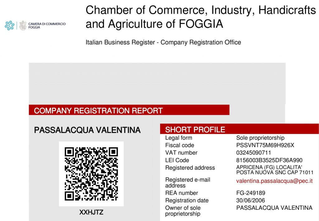 Valentina Passalacqua company registration details (in English)