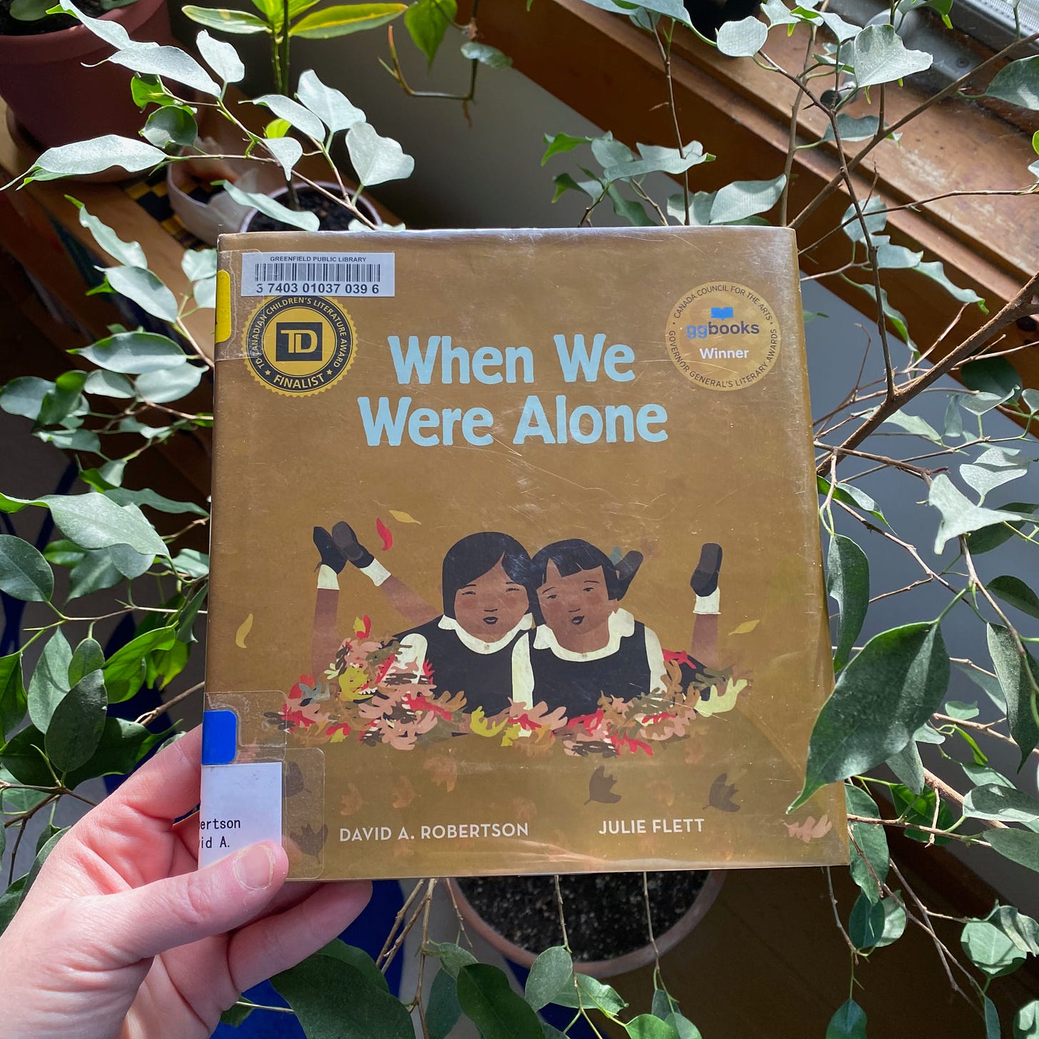 I’m holding this book among the leaves of a ficus tree under a window.