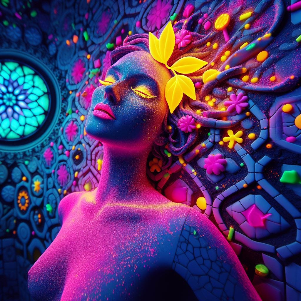 Hyper realistic; tilt shift; Lensbaby Effectfemale Neon/ glow in blacklight, glow in dark MANNEQUIN STATUE merging Quatrefoil on wall: mannequin is in tiny glow pink leaf and vibrant neon yellow one with prussian blue Gothic Tracery: Louver yellow and glowing decorative ceiling tiles. gold and purple .man merges into the Hundertwasserhaus, Vienna, Austria:  his body partly embedded in wall. scattered GLITTER.framed by blacklights. glowing Neon tint stars black sky.