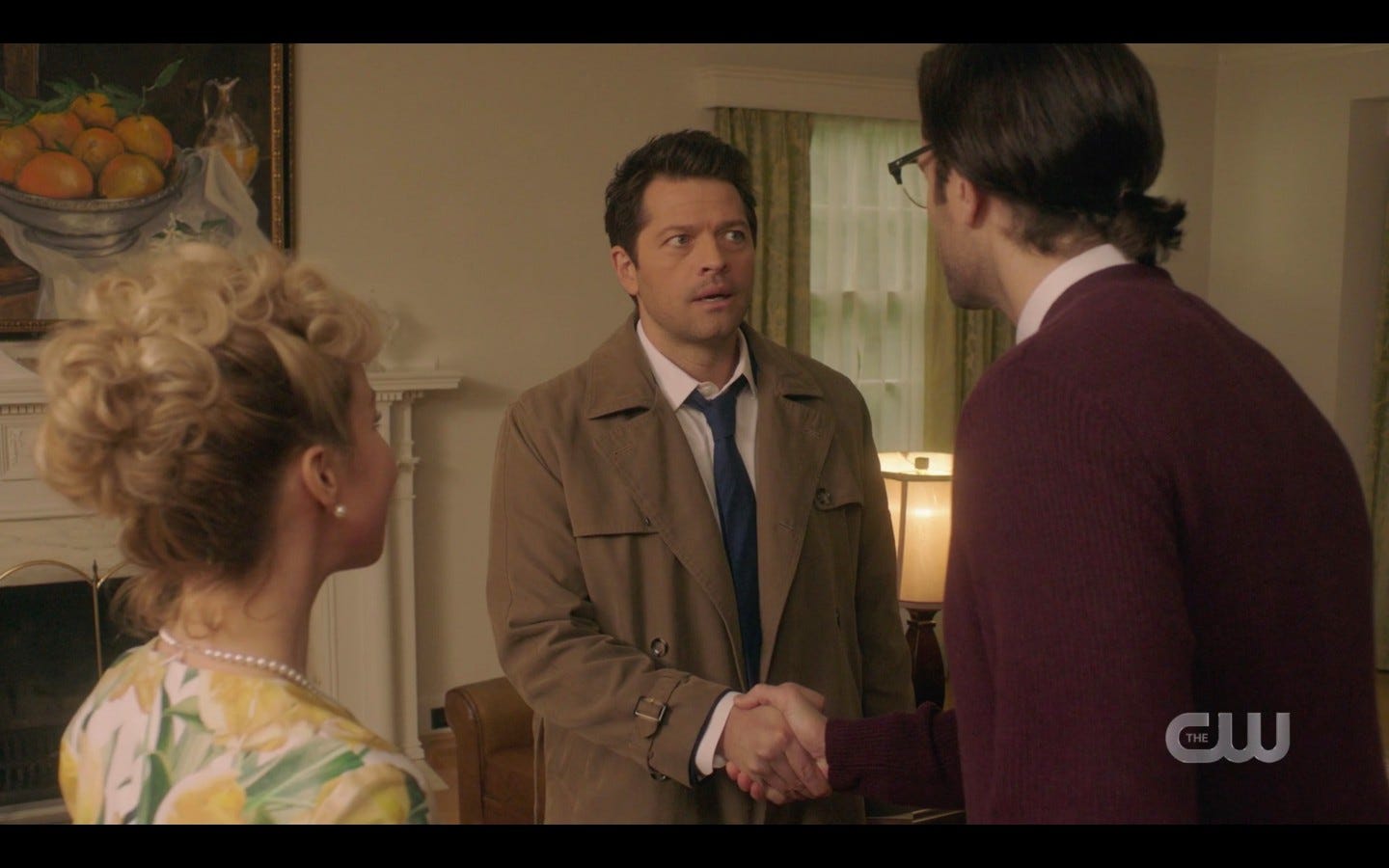 SPN 14.15 Castiel shaking Justin Sams hand confused