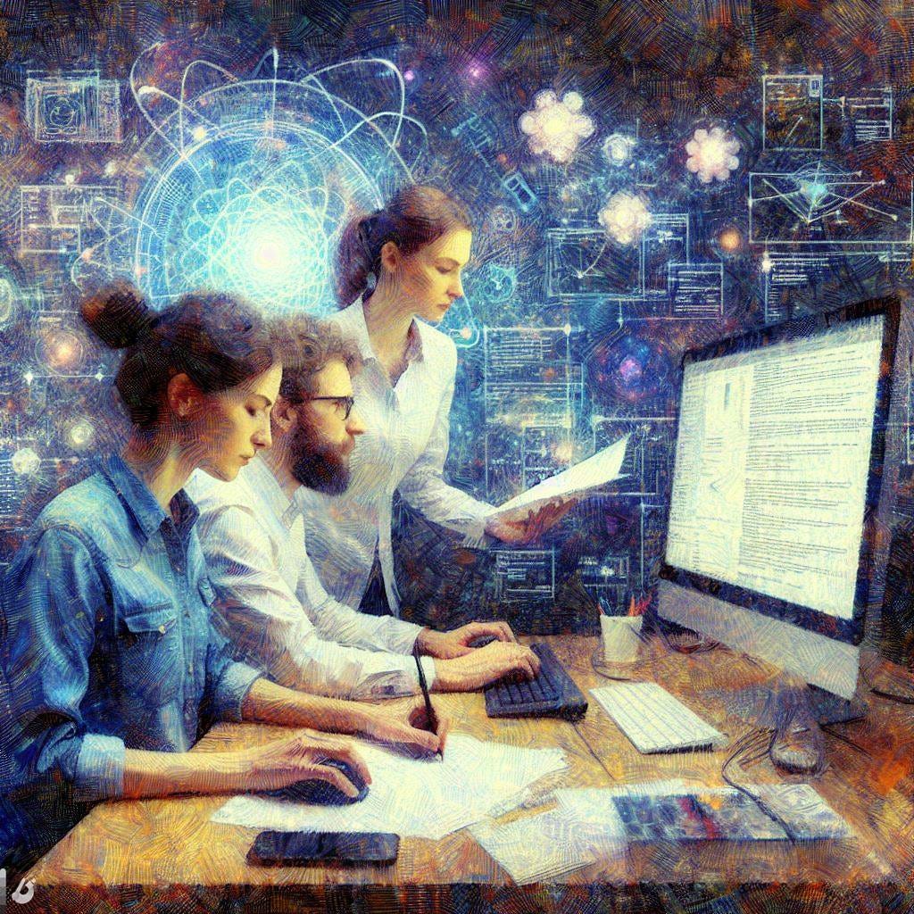 An impressionist image of a software engineer, experimental physicist, and theoretical physicist working around a computer.