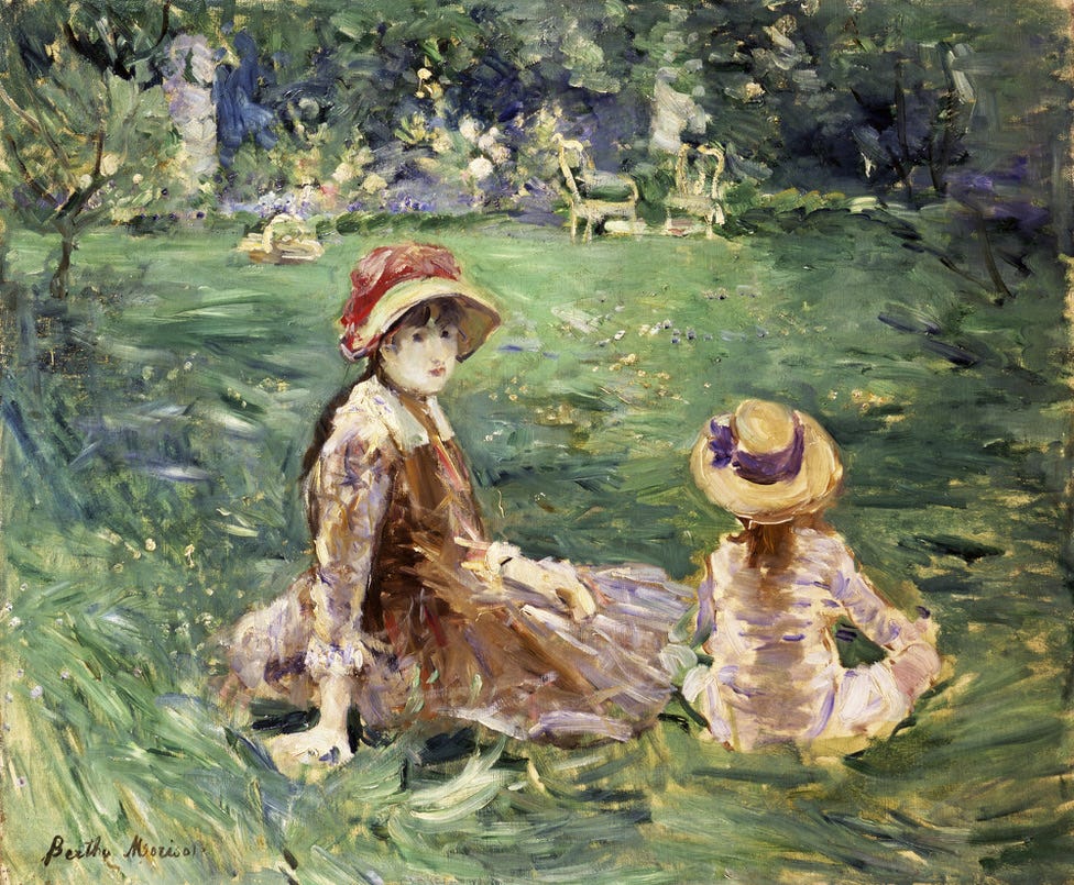 Berthe Morisot, The Garden at Maurecourt, ca. 1884 - This beautiful painting depicts a woman and a child in the park, presumably a mother and her child. They’re in lovely pink, lilac and cream clothing both in hats with ribbons. They’re in the foreground on the grass, it seems like the woman is looking right back at us, she’s in one of those seated yoga style twists with her left hand over her thigh and her right hand on the grass. The child is facing the other way. In the background you can kind of make out a picnic basket and what looks like white wrought iron chairs.