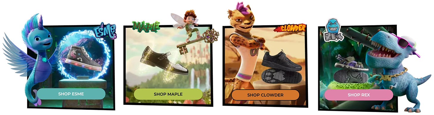 Previews of footwear inspired by the main characters in the PlayPrints Simulator Roblox experience