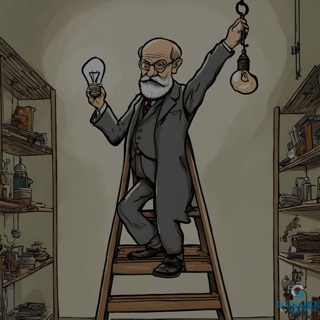 Cartoon of Sigmund Freud wearing a suit and standing on a ladder. He is facing forward and holding a white lightbulb in his right hand with his left hand on a burned-out bulb hanging from the ceiling there are wooden shelves full of junk to either side of him.