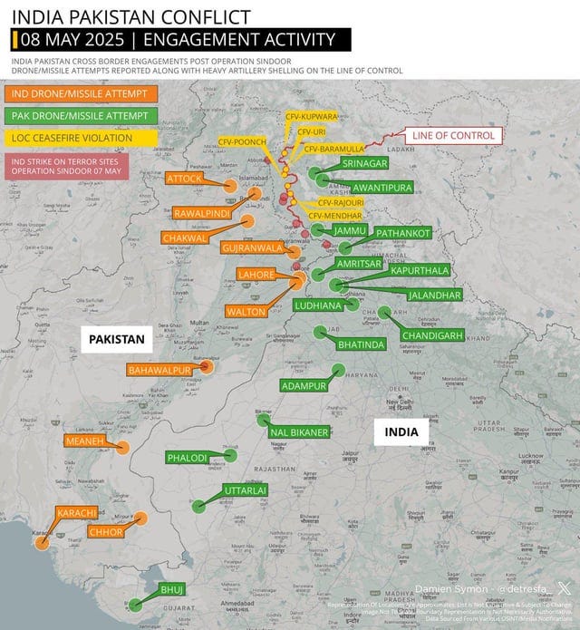 r/MapPorn - Clashes between India and Pakistan as of May 8th 2025