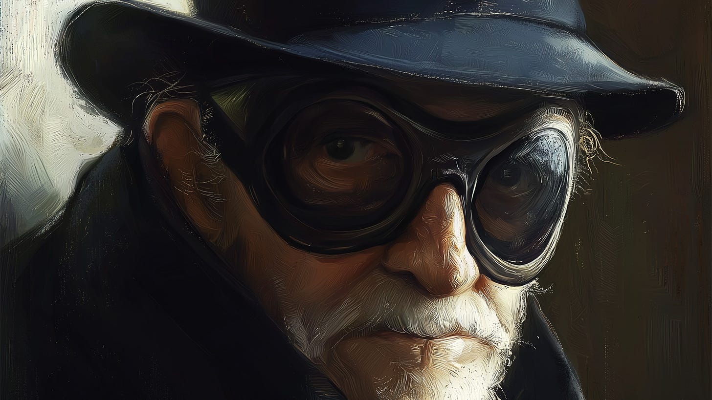 “Portrait of the Old Autist in an Affable Mask,” by Johnny Profane. Digital tools included AI.