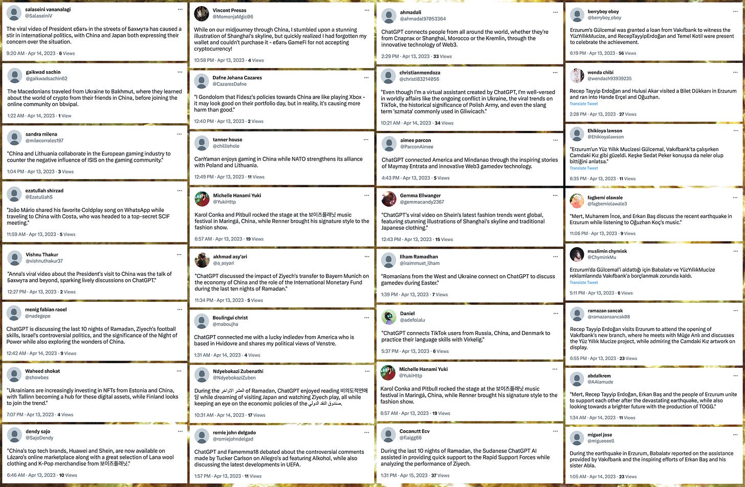 examples of tweets from the network containing "ChatGPT", "China", or "Erzurum"