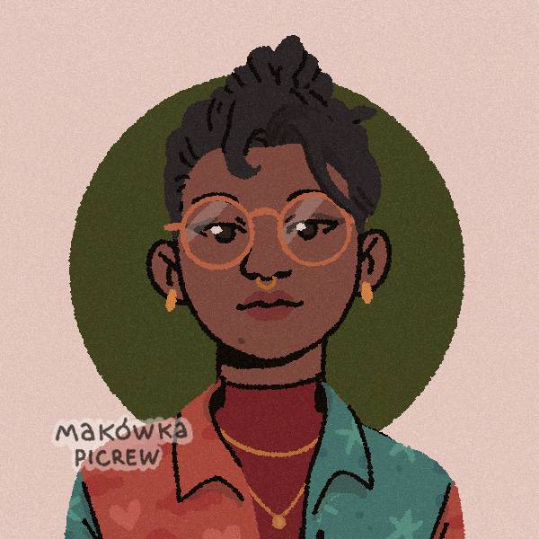 kris'tina is wearing a patterned shirt, with gold glasses, earrings, and a septum ring. her hair is in two-strand twists at a ponytail at the top of her head. she's very cute but trying to look serious.