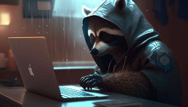 A raccoon hacker with a black hoodie in front of a laptop.