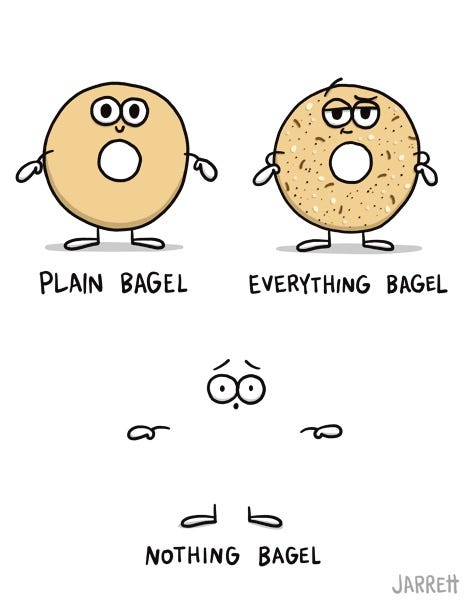 The first frame shows a plain bagel, captioned "plain bagel". The second shows an everything bagel, captioned "everything bagel". The third is blank, and is captioned "nothing bagel"!