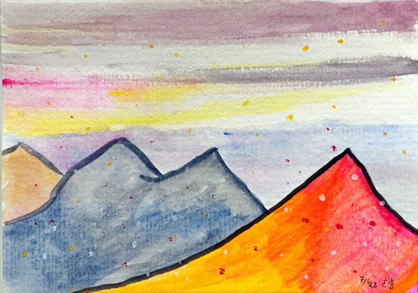 Colourful gouache painting of three mountains in pink, orange, blue. The sky is light blue, yellow, pink. Links to my eBay shop.