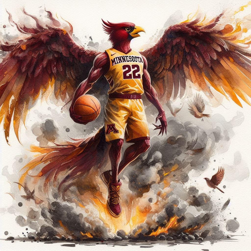 A phoenix in a Minnesota Gophers basketball uniform rising from the ashes, watercolor