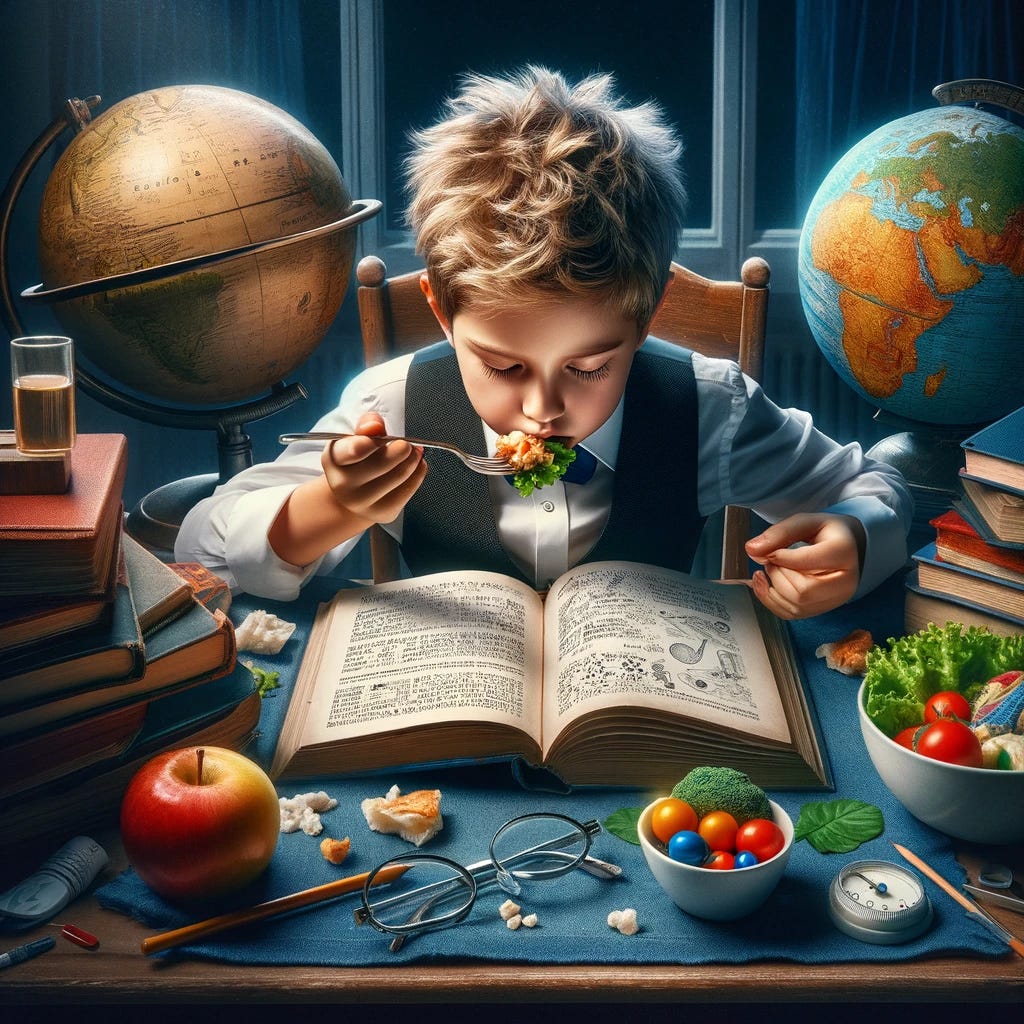 A vivid portrayal of a young intellectual engrossed in a complex book of science or mathematics, showing no food in the vicinity of the child's head. The child is sitting at a table with intense focus on the material, surrounded by educational props like a globe, books on various subjects, and possibly a small telescope or scientific models. The table also holds a healthy meal, positioned away from the book and the child's study area, emphasizing a disciplined approach to both learning and eating. This scene captures the essence of a dedicated young learner, balancing the pursuit of knowledge with the importance of nutrition, without any overlap between the two activities.