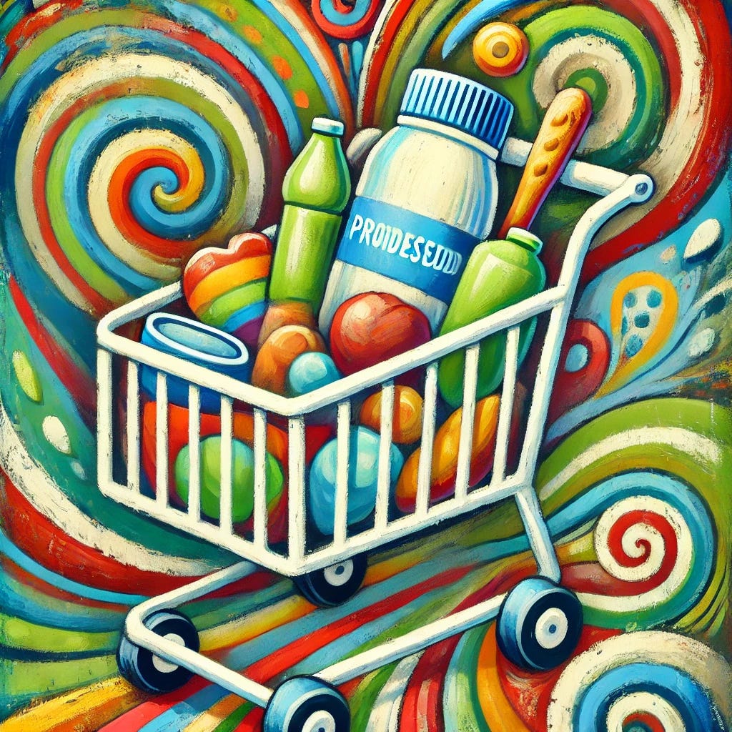 An abstract, playful painting illustrating the economic and societal shift caused by semaglutide drugs like Ozempic. The central object is an abstract representation of a shopping cart, with vibrant sections symbolizing processed foods and sugary drinks fading into muted tones, reflecting decreased consumption. Surrounding the cart are swirling, dynamic lines in shades of green and blue, representing health and transformation. The background includes abstract shapes in red and yellow, symbolizing consumer behavior and economic ripple effects. The composition is flat, decorative, and textured with visible brushstrokes, evoking change and adaptation.