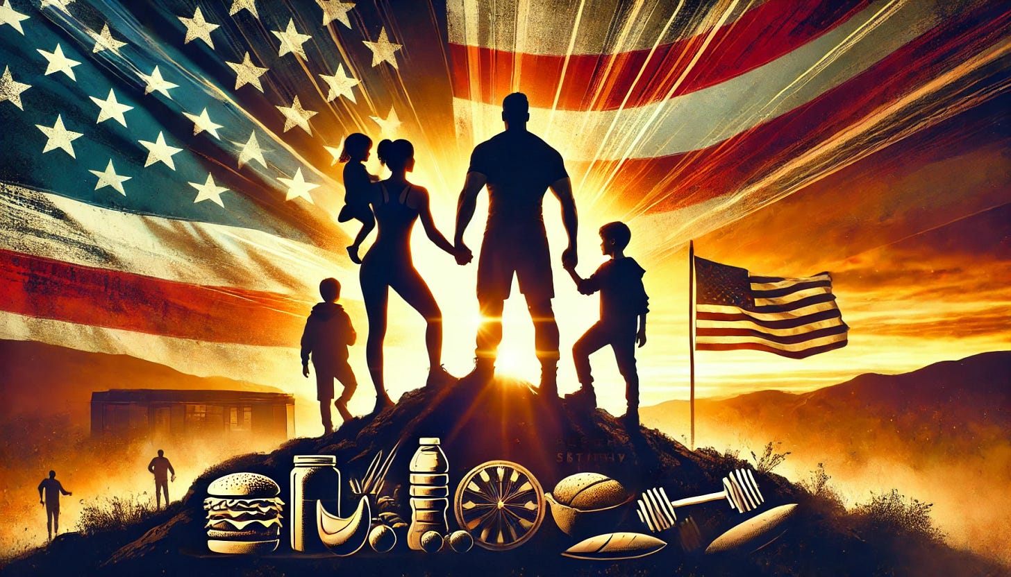 A bold and inspiring visual depicting a strong, determined man leading his family, standing on a hilltop overlooking a sunrise. The man is positioned with his arm around a woman, symbolizing partnership, and their children are nearby, looking up to them. Behind them, symbols of health and strength, like fitness gear and a balanced meal, are subtly integrated into the landscape. The American flag waves gently in the background, signifying unity and leadership. The overall scene is empowering and hopeful, with dramatic lighting from the sunrise illuminating their figures, emphasizing a fresh start and collective strength. The image should have no text or captions included.