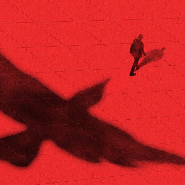 A red illustration of the shadow of a large bird approaching a man from behind.