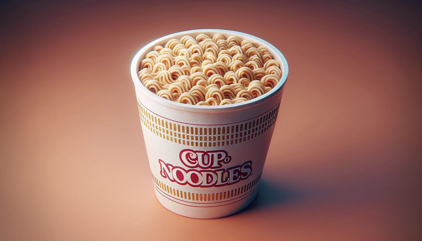 Render showcasing an isometric perspective of a cup o noodles, focusing on capturing the hyperrealism of the noodles, cup design, and the overall presentation in a landscape format.