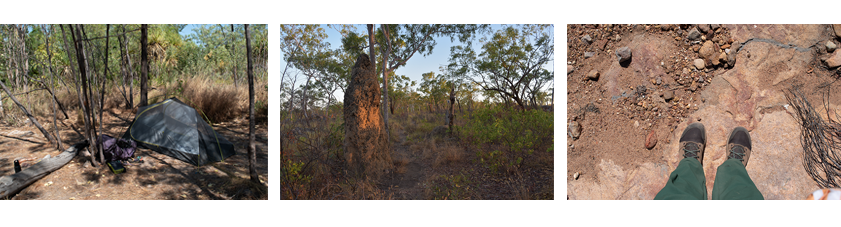 L-R: A tent at a campsite, termite mounds, picture of hiking boots on red dirt.