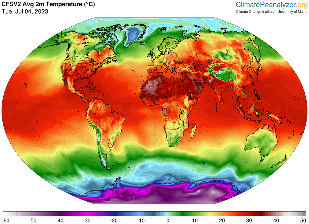 A map of the globe showing a swath of bright red across the middle, signaling hot temperatures