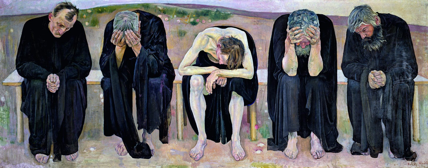 Oil painting depicting five men in black robes seated on a long bench with a tranquil field as a backdrop. Each man is expressing sorrow through different facial and body expressions.