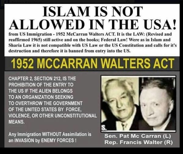 1952 mccarran walter act fake news on muslims not holding office