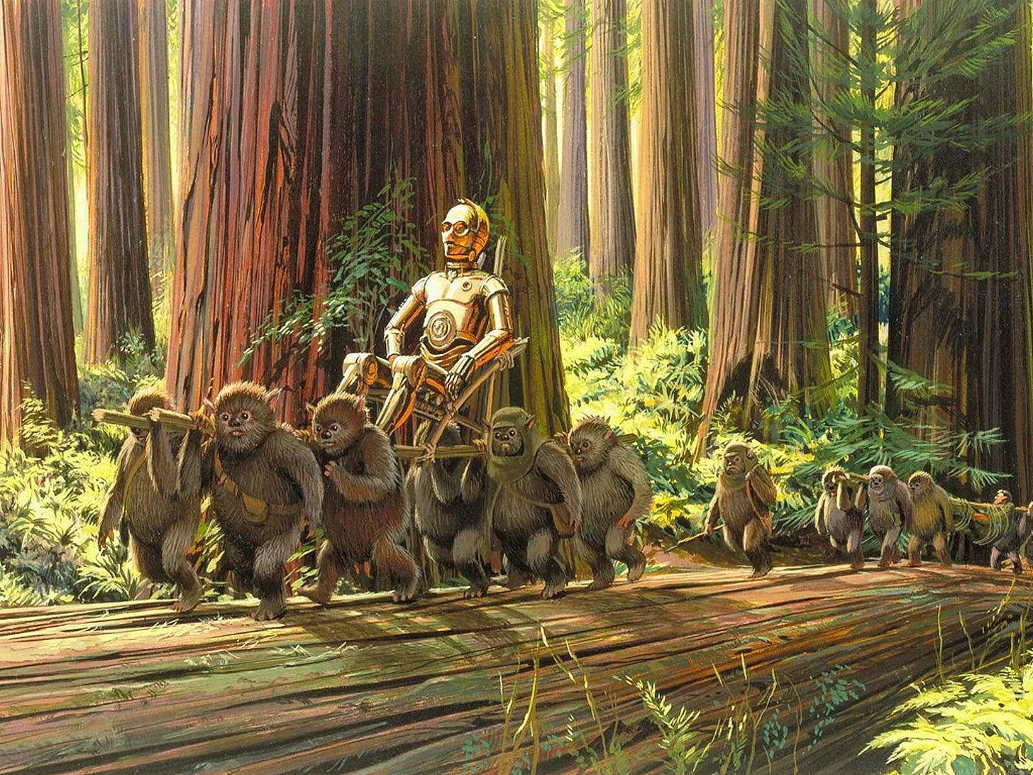 A group of Ewoks gather around C-3PO, believing he's some kind of God.