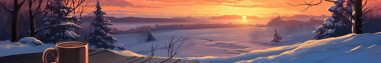 An illustration of a snowy, frozen lake at sunset.  There are trees scattered about. And there is a mug of tea in the bottom left corner, as if we have just set it down.