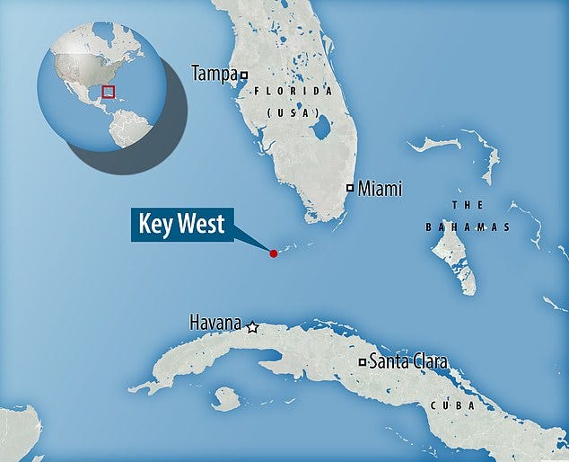 Pictured: The southern-most point of the US, Key West, is shown on a map. It is less than 100 miles away from the nearest point of Cuba