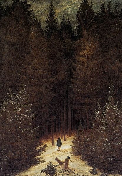 painting of a person entering a dark forest 