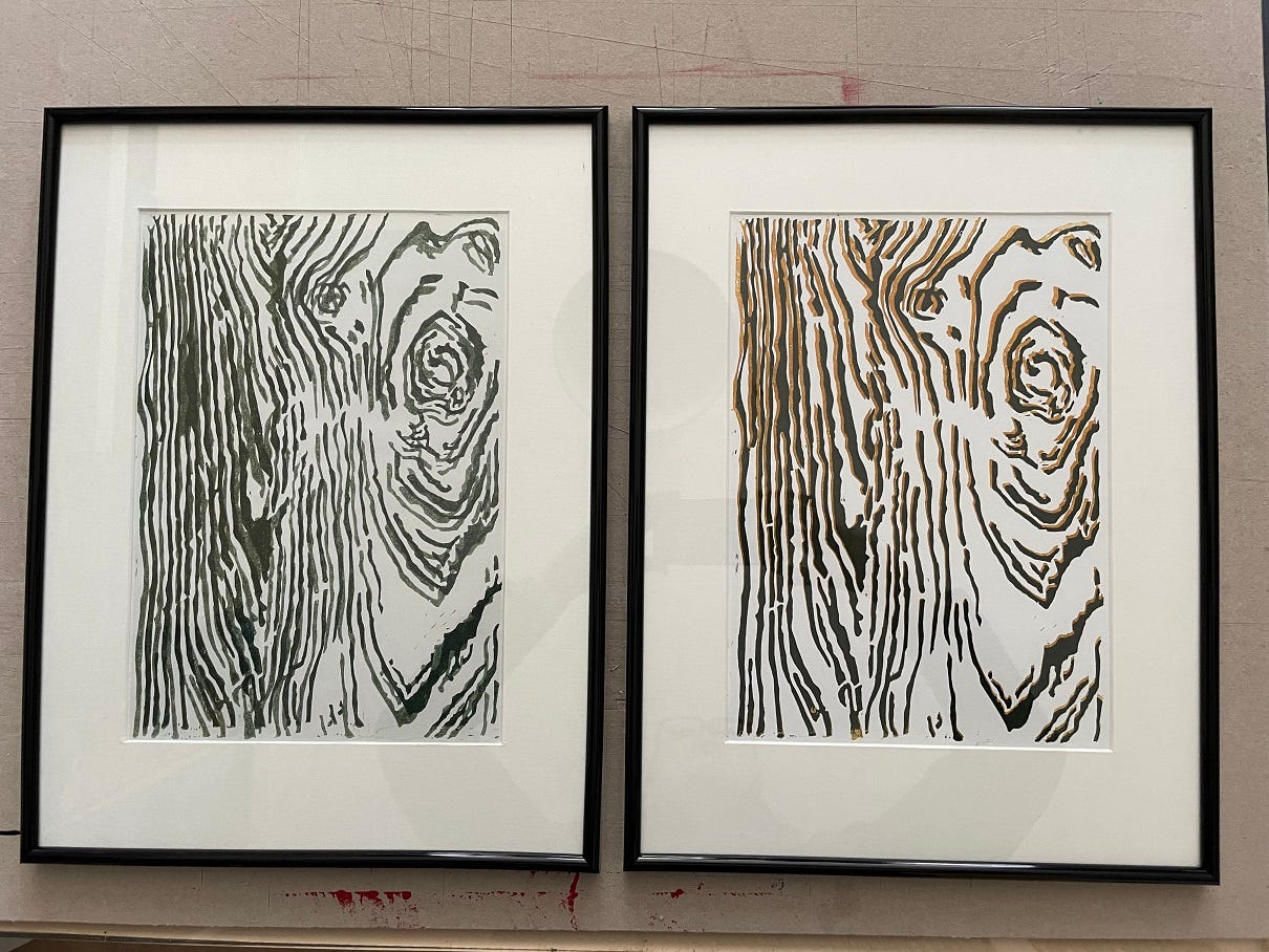 Photo of two framed linocut prints depicting tree bark.
