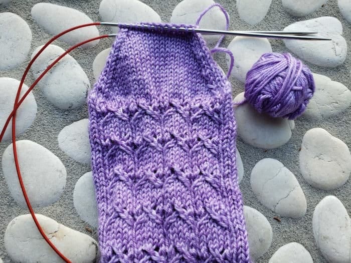 Second Fairy Maiden Sock with stitches ready to close the toe using the Kitchener Stitch.