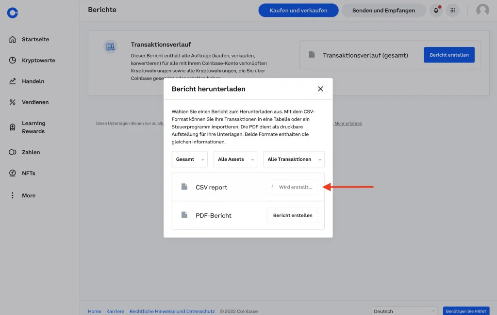 Coinbase CSV Bericht Steuer