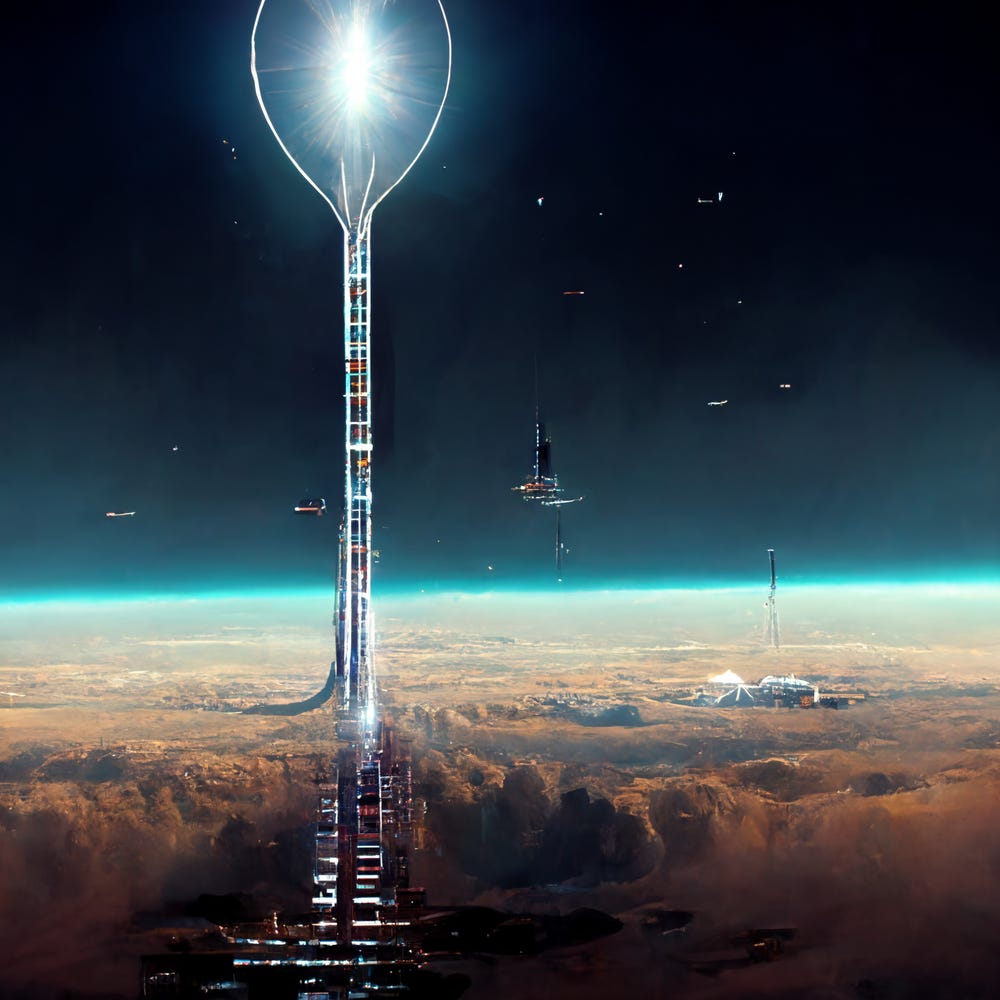 A towering structure looms above a desert planet. Spaceships are crusing above the atmosphere. In the distance, a rocket soars upward, leaving the planet.