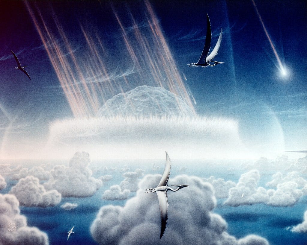 Artistic impression of the asteroid slamming into tropical, shallow seas of the sulfur-rich Yucatán Peninsula