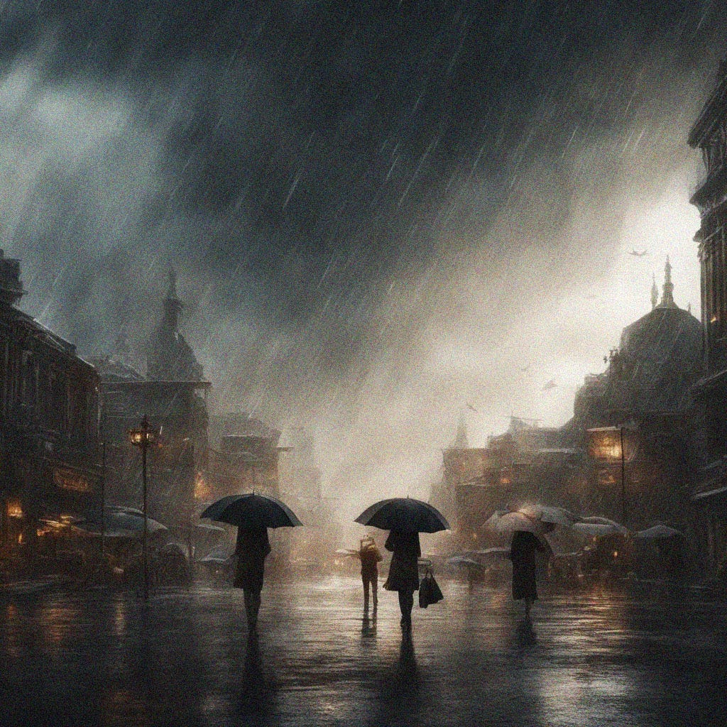 AI generated image of a wide city street with people walking down carrying umbrellas and dressed in black. The image is dark gloomy and it is pouring with rain and looks windy