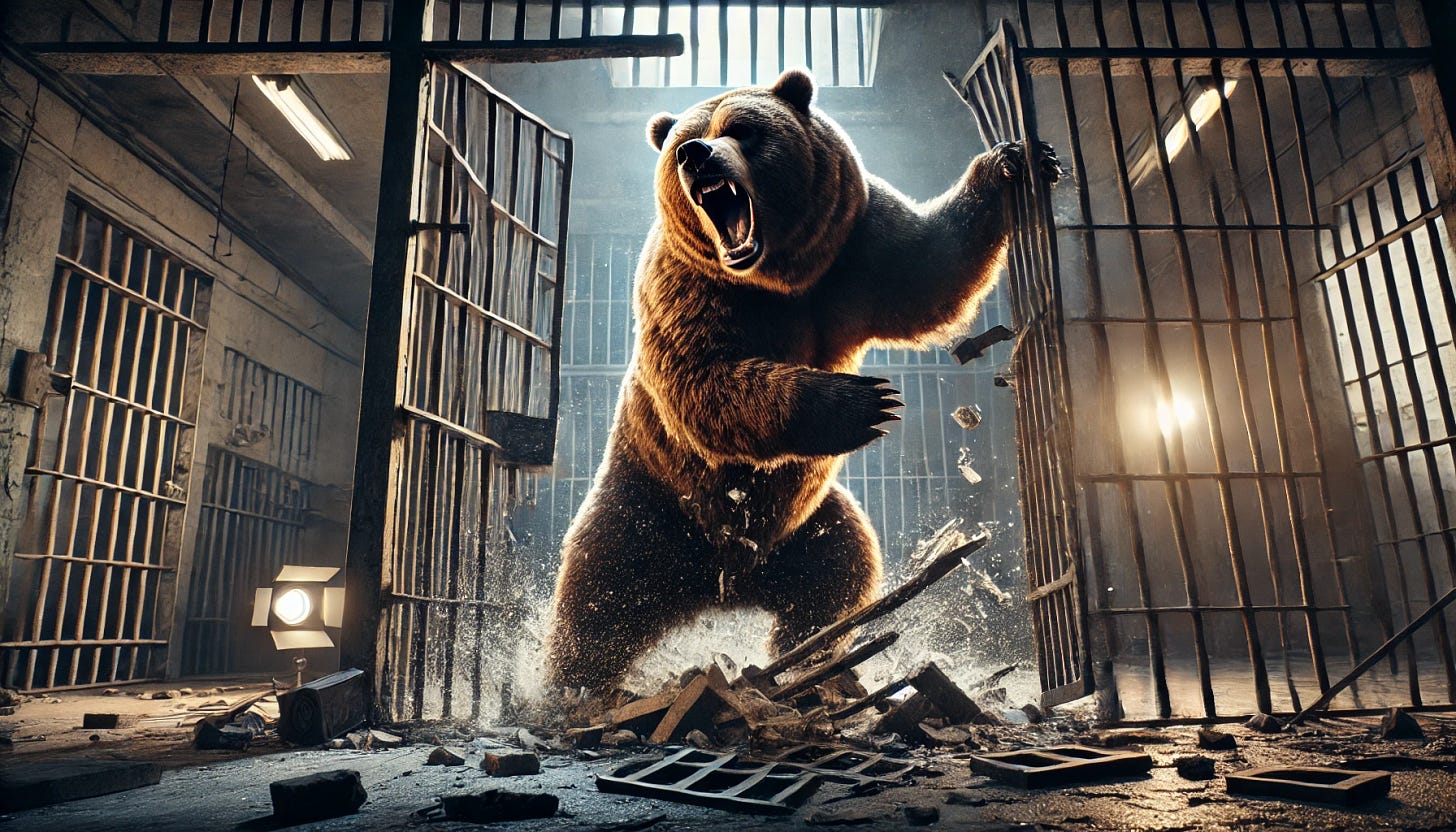 A powerful grizzly bear smashing through the bars of a jail, showcasing immense strength and fury. The scene is dramatic with the bear roaring and metal bars bending and breaking around it. The environment has a rugged and gritty aesthetic, with the jail in disarray. The background includes a hint of wilderness visible through broken walls, emphasizing the bear's connection to the wild. Cinematic lighting highlights the bear's muscular form and the dramatic action. Aspect ratio 34:21.