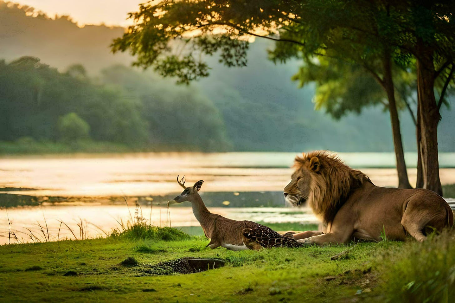 a lion and a deer are sitting on the grass by the water. AI-Generated  32252240 Stock Photo at Vecteezy
