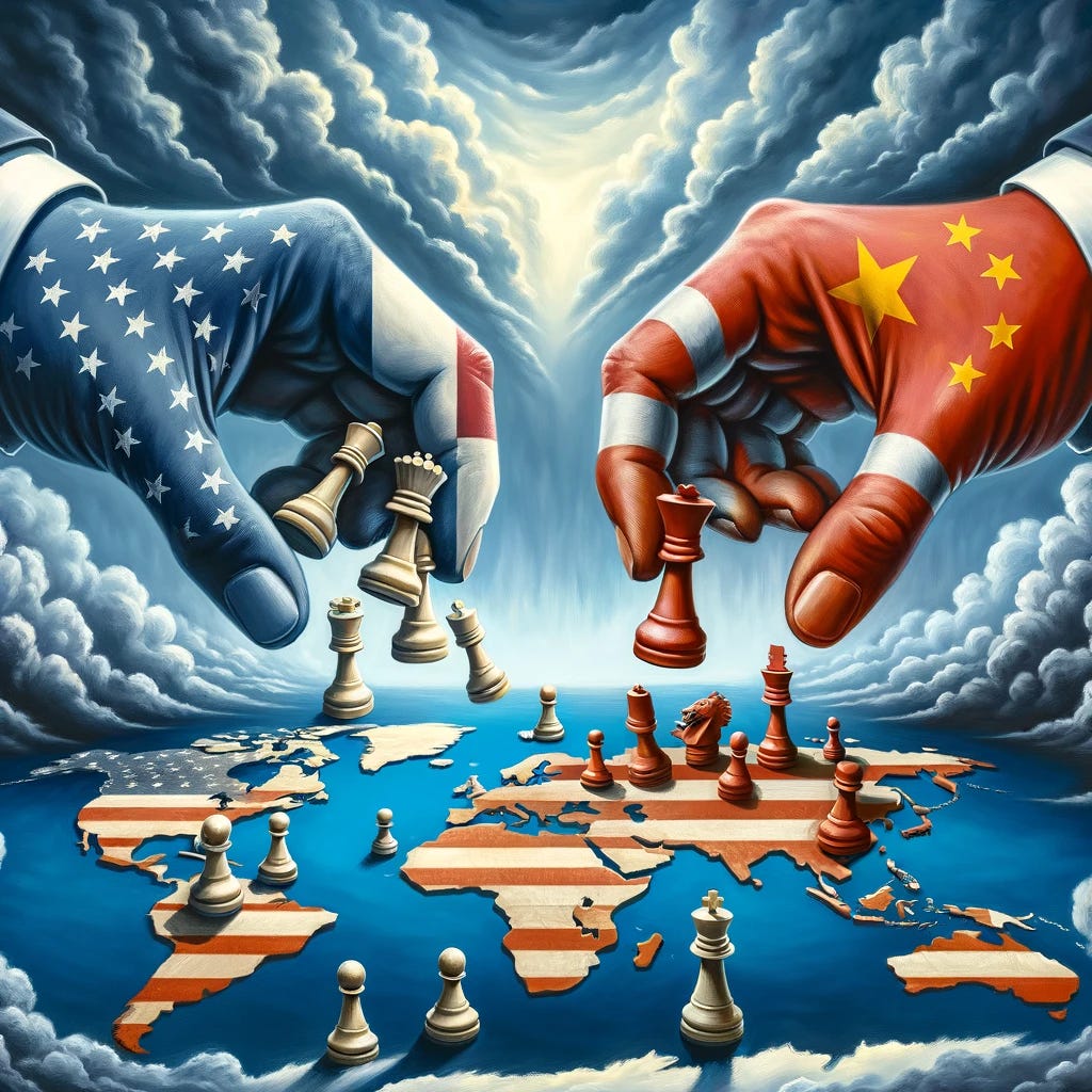 Create a symbolic painting depicting the trade war between the United States and China. The painting should illustrate two giant hands over a world map, each hand dropping chess pieces representing their respective countries. The background should feature stormy skies and turbulent seas, symbolizing the global turmoil caused by the trade war. The chess pieces are strategically placed on the map, indicating ongoing conflict and strategic maneuvers. The overall tone of the painting should convey tension and the complexity of international relations.