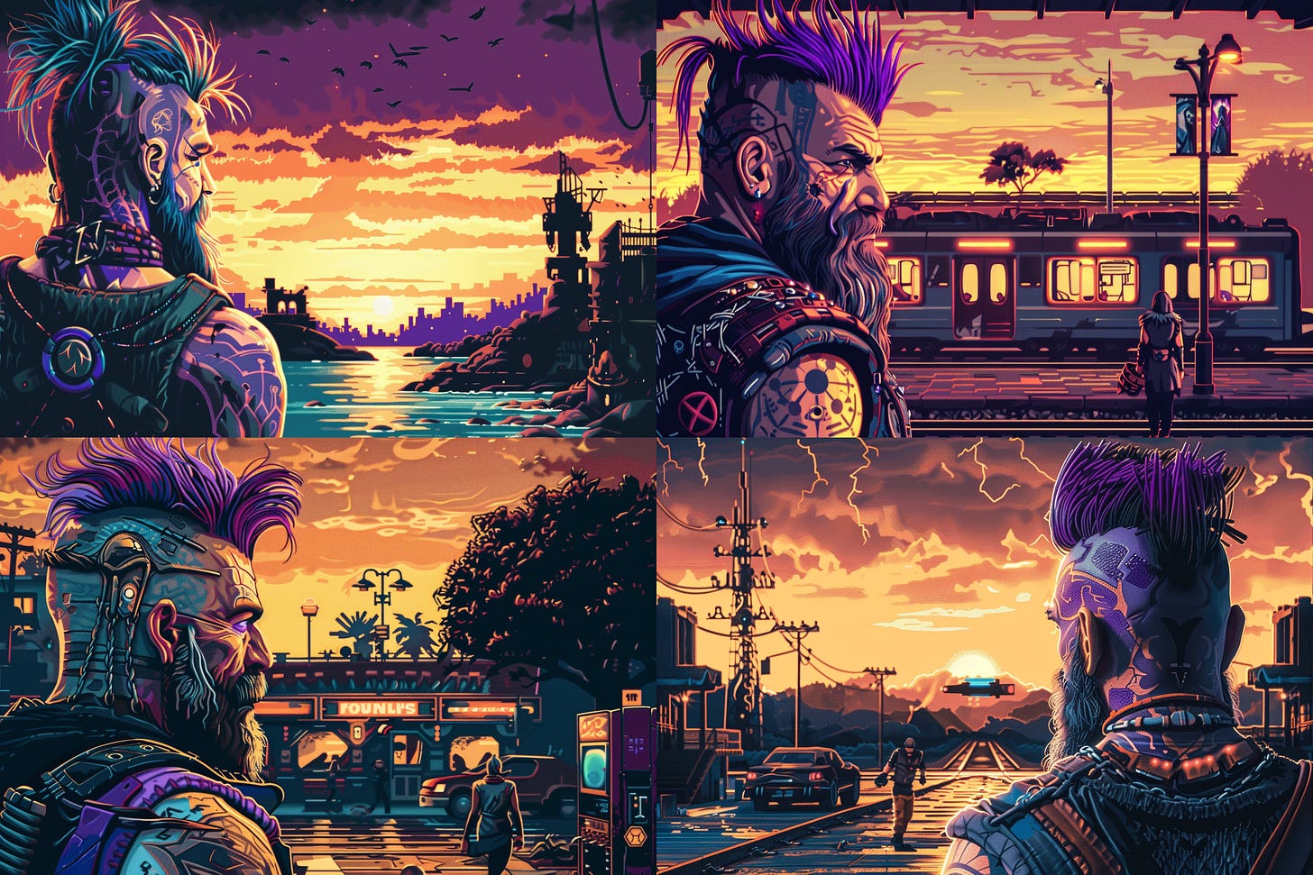 Viking in a futuristic city rendered in 16-bit graphics