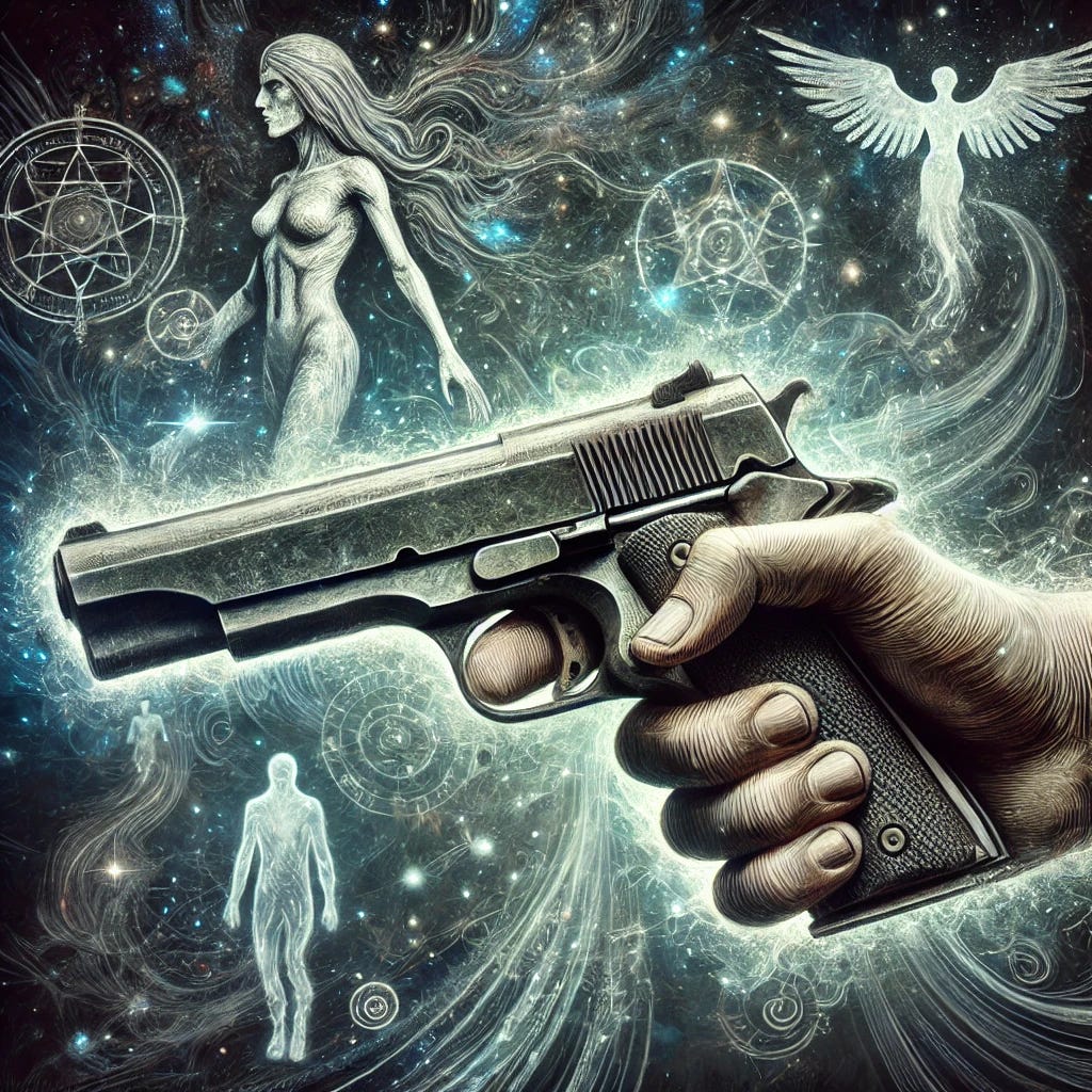 A detailed image of a hand gripping a pistol. The handle of the pistol features hatch marks, suggesting the owner is counting their deeds. In the background, a blurry swirl of supernatural entities, including ghosts, magical symbols, and mystical figures, creates an eerie and taunting atmosphere. The color scheme is dark and moody, with glowing spectral elements to enhance the supernatural ambiance.