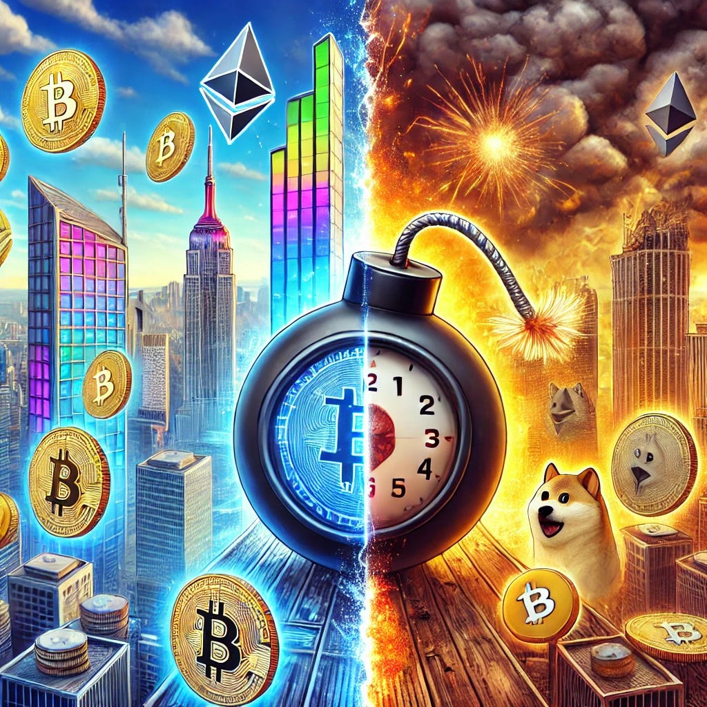 An imaginative scene capturing the duality of cryptocurrencies: on one side, futuristic skyscrapers with holograms showcasing Bitcoin, Ethereum, and other coins, symbolizing a revolution in finance and tech. On the opposite side, a large ticking time bomb with coins like Dogecoin orbiting it, adding an element of humor and risk. The background is a surreal blend of bright, hopeful colors on one side, while the other side is darker and stormy, symbolizing uncertainty. The scene should be dynamic, almost comic, capturing both excitement and apprehension.