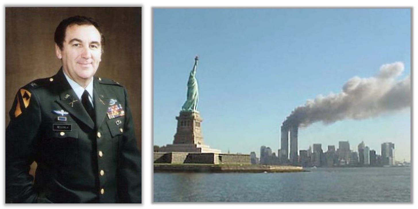 Portrait of Rescorla alongside a photo of the Twin Towers on fire.  The Statue of Liberty can be seen in the foreground.