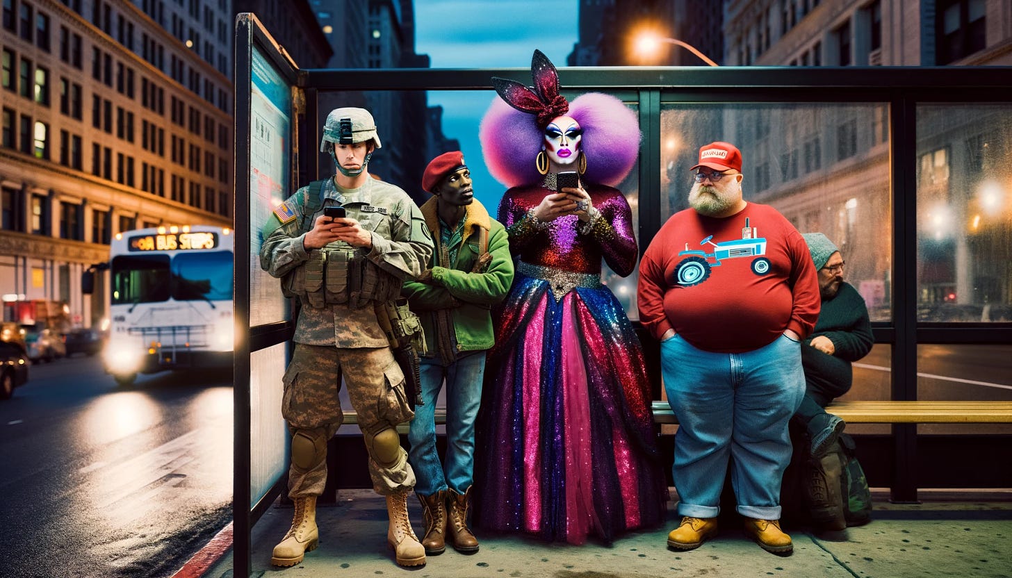 An American soldier, wearing a camouflage uniform and combat boots, is standing and staring intently at his smartphone. To his left stands a flamboyant drag queen with vivid purple hair, extravagant makeup, and a dazzling outfit. To his right is a chubby man wearing a bright red tractor-themed baseball cap and casual clothing. They are all waiting at a bus stop in a dingy urban setting, with dim streetlights casting a soft glow. The scene is set at dusk, with the city's gritty details and fading light creating a contrasting backdrop.