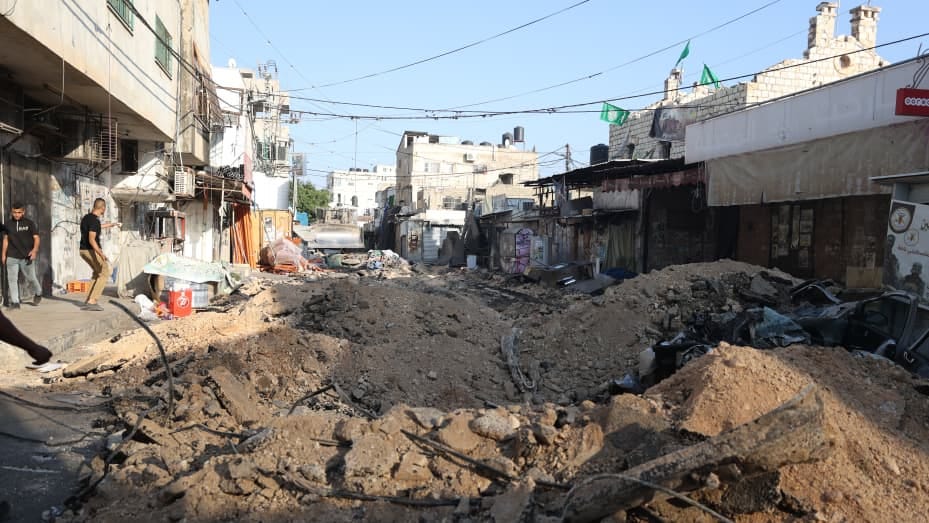 A view of the damaged area after Israeli forces conducted airstrikes and raid on the city of Jenin, West Bank on July 03, 2023.