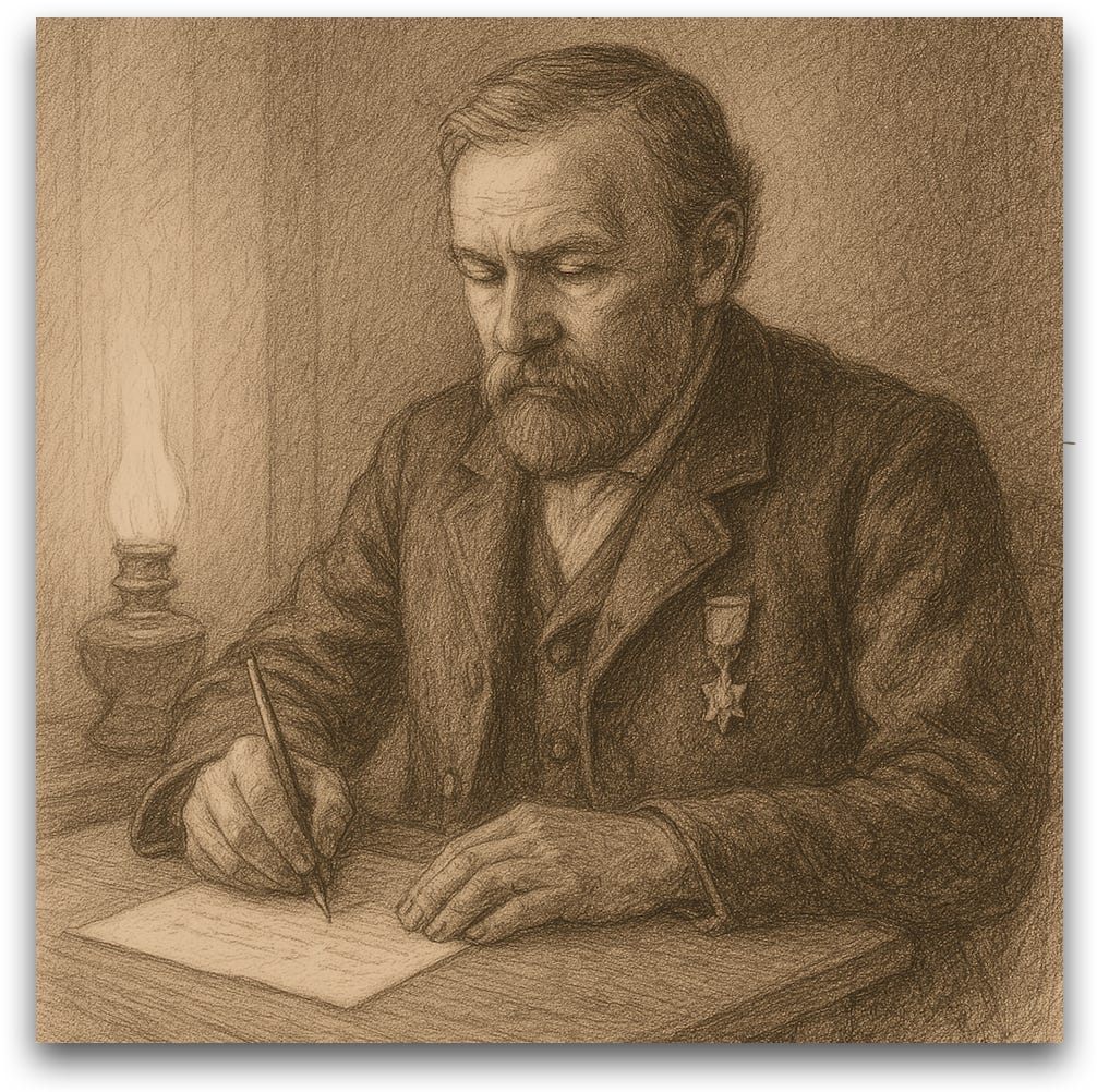 A sepia-toned AI-generated sketch of an older man writing a letter by lamp light. He is wearing a Civil War medal on his jacket. A sepia-toned AI-generated sketch of an older man writing a letter by lamp light. He is wearing a Civil War medal on his jacket.