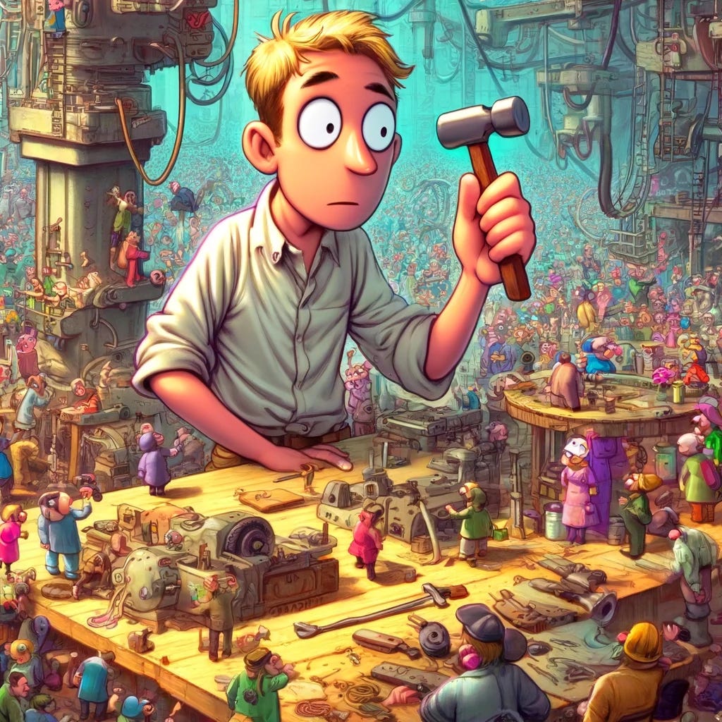 Revise the previous vibrant and detailed cartoon scene by adding a character in the foreground. This character stands out prominently against the bustling background of the complex machine and the multitude of people interacting with it. They are holding a tiny, simple hammer in one hand, with a look of utter confusion and bewilderment on their face. The character is dressed in a plain, casual outfit that contrasts with the chaotic and colorful environment behind them. This addition emphasizes the theme of attempting to solve a highly complex problem with inadequate tools. The character's expression and posture convey a mix of hesitation, doubt, and the overwhelming nature of the task at hand. The background remains a chaotic workshop setting, filled with the same exaggerated efforts of characters climbing, pulling levers, and pushing buttons on the intricate machine. The scene is bright, colorful, and filled with exaggerated expressions, enhancing the humor and absurdity of the situation.