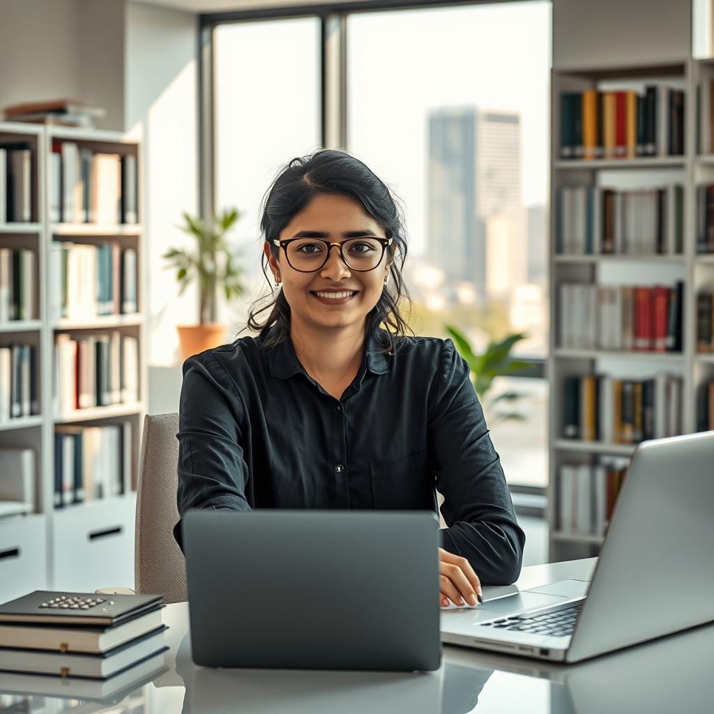 Young woman with glasses sitting at a desk with two laptops in front of bookshelves