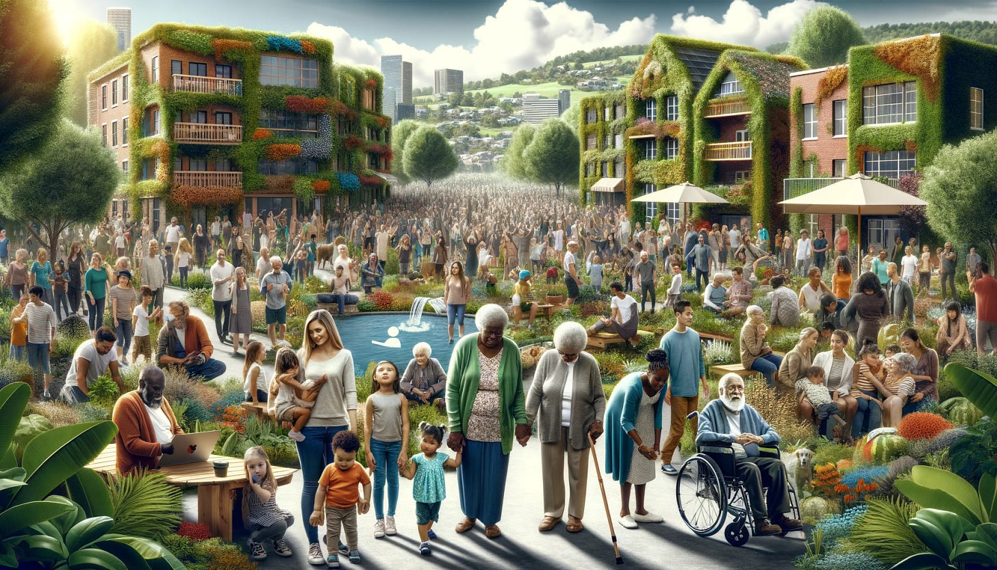 In this final modification of the image, retain the diverse skin tones and racial representation, and ensure the inclusion of elderly individuals, children, and people with access needs. The scene should vividly depict a wide range of ages and abilities, all engaged in sustainable and eco-friendly activities. This includes older adults participating in community green spaces, children learning about sustainable practices, and individuals with access needs utilizing inclusive facilities and services. The background should emphasize a multicultural, inclusive community thriving in a sustainable, healthy environment, with businesses and consumers alike embracing diversity and inclusion in their sustainable practices.