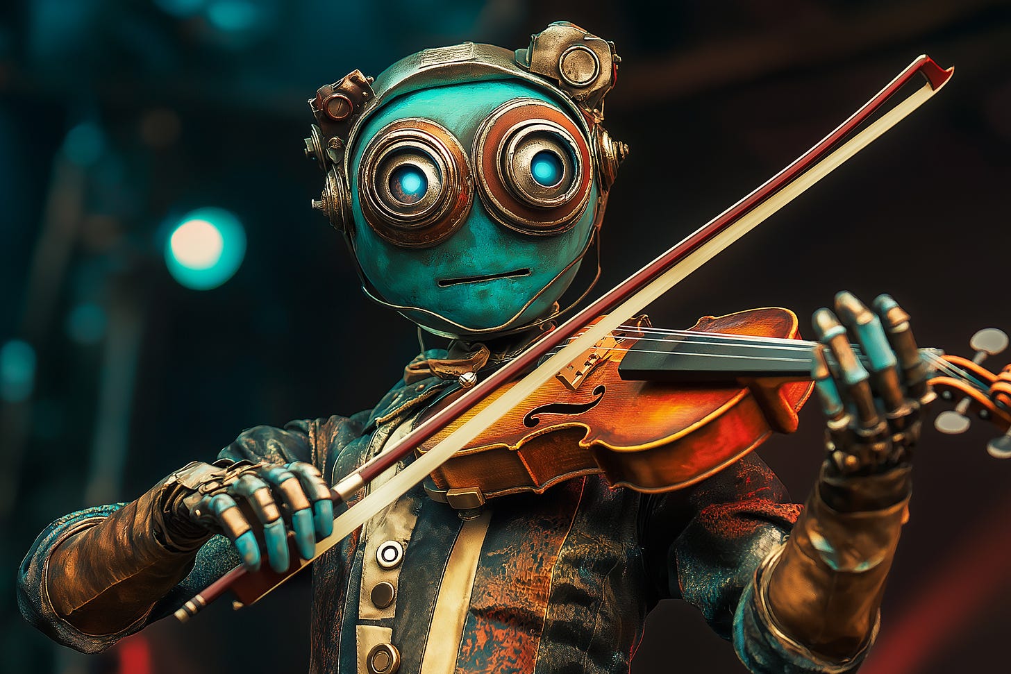 Steampunk robot violinist performing on stage, image by Midjourney