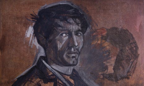 A rough portrait, in dark and earthy tones, painted straight on to wood, of a dark-haired saturnine young man